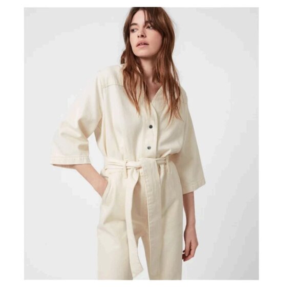 ALLSAINTS Mira Utility Denim Jumpsuit Natural White Size 4 - Picture 4 of 14